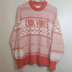 Aerie "Cool Vibes" Hearts Fair Isle Sweater Orange Red White Cozy Knit